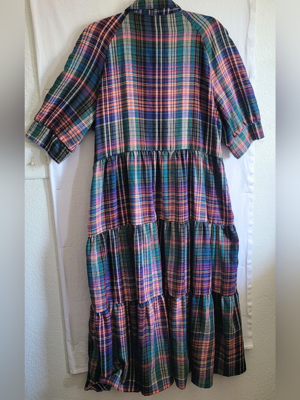 Natural Life Flannel Plaid Tiered Midi Dress - Green & Pink Size L - Picture 3 of 10